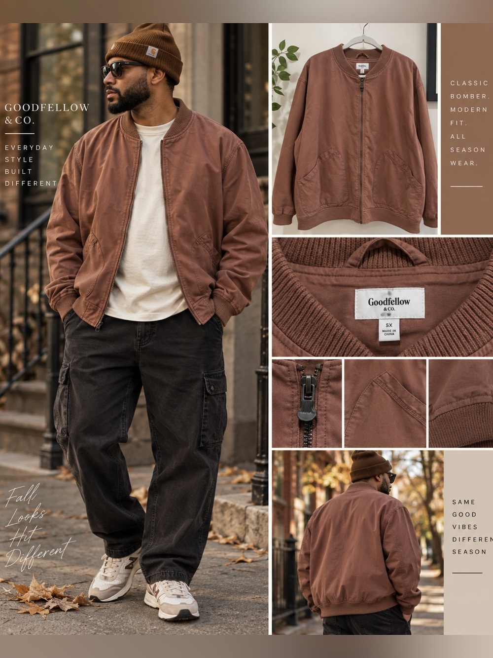 Goodfellow Brown Rust Lightweight Bomber Jacket Men 5XL Altered